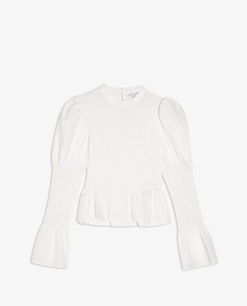 TOPSHOP - Áo kiểu nữ cổ tròn tay dài White Plain Shirred