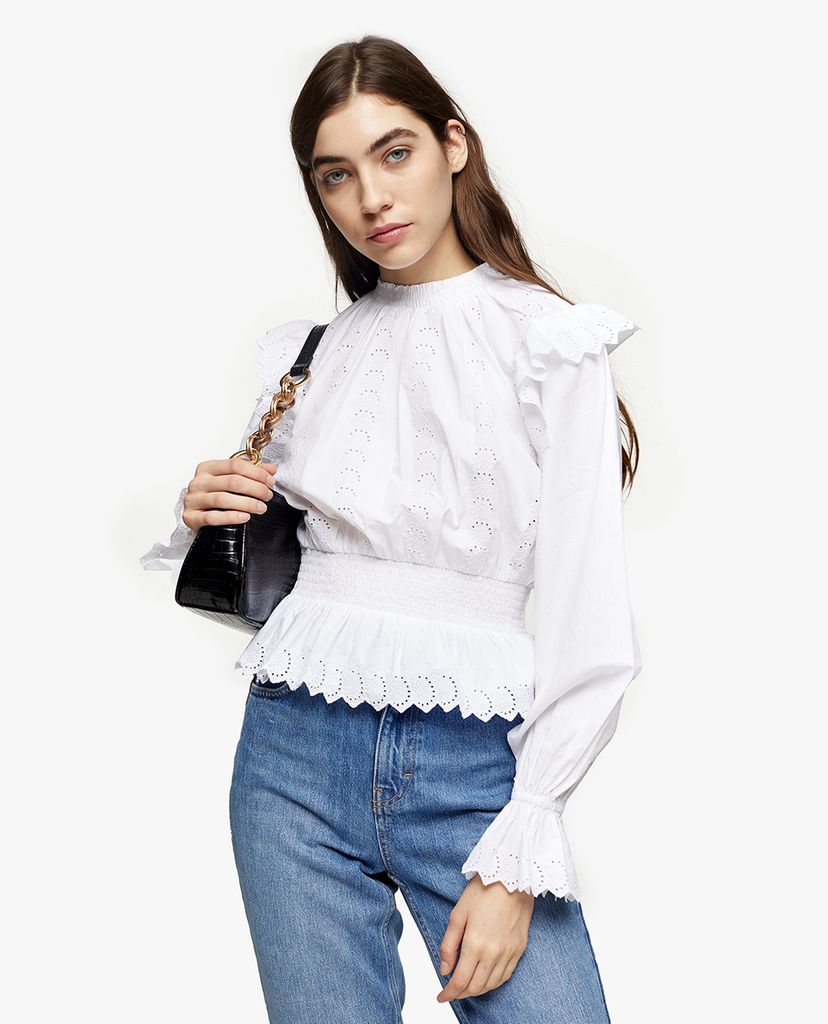 TOPSHOP - Áo kiểu nữ cổ cao tay dài White Shirred Embroidered