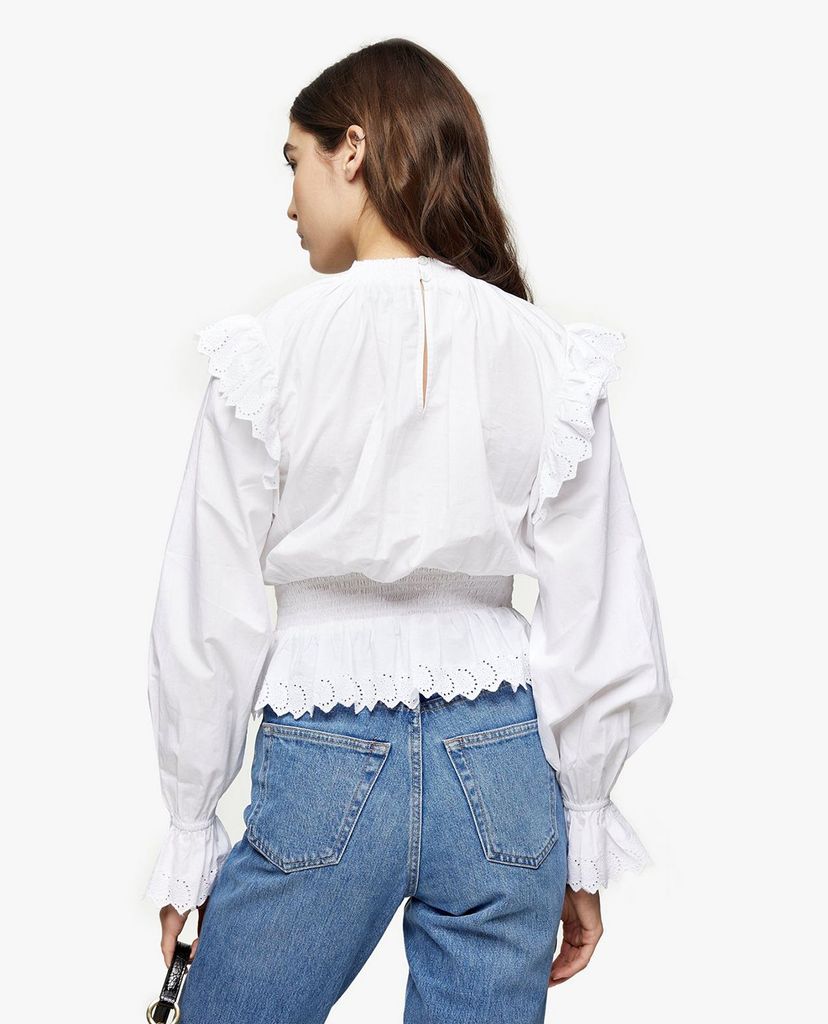 TOPSHOP - Áo kiểu nữ cổ cao tay dài White Shirred Embroidered
