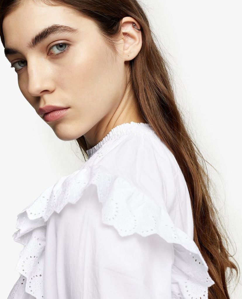 TOPSHOP - Áo kiểu nữ cổ cao tay dài White Shirred Embroidered
