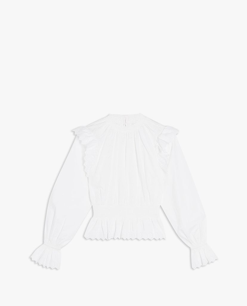 TOPSHOP - Áo kiểu nữ cổ cao tay dài White Shirred Embroidered