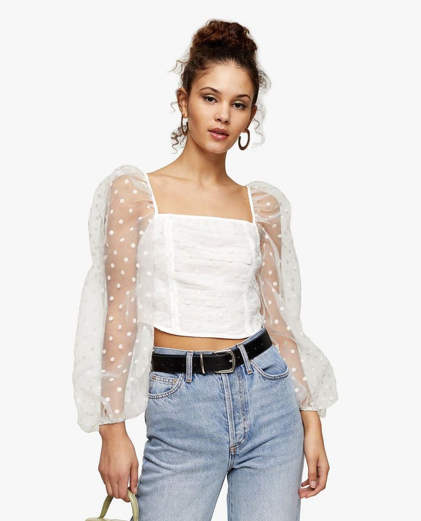 TOPSHOP - Áo kiểu nữ croptop cổ vuông tay dài xuyên thấu White Spot Organza Ruched