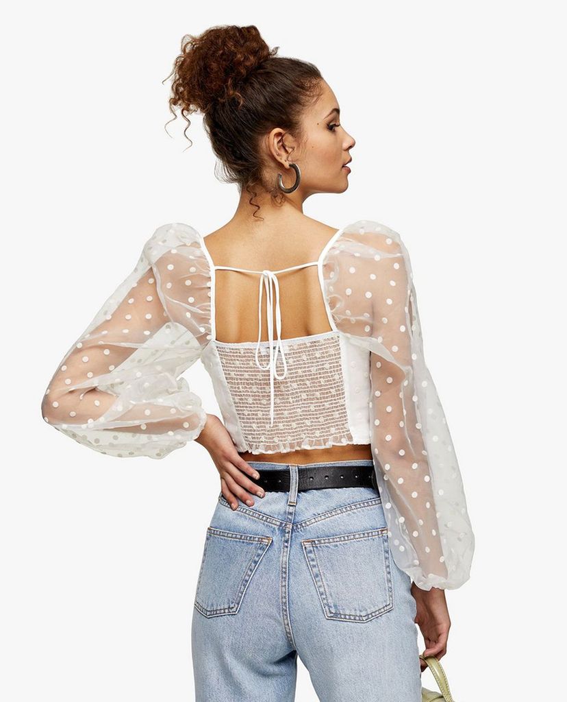 TOPSHOP - Áo kiểu nữ croptop cổ vuông tay dài xuyên thấu White Spot Organza Ruched