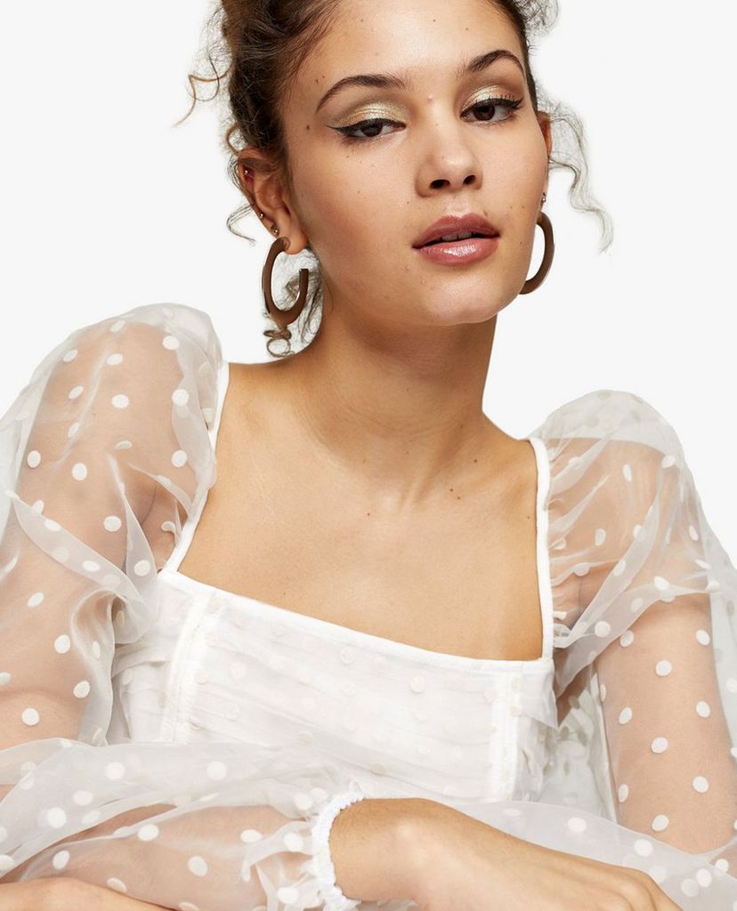 TOPSHOP - Áo kiểu nữ croptop cổ vuông tay dài xuyên thấu White Spot Organza Ruched
