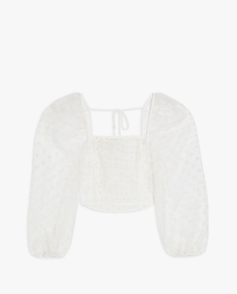 TOPSHOP - Áo kiểu nữ croptop cổ vuông tay dài xuyên thấu White Spot Organza Ruched