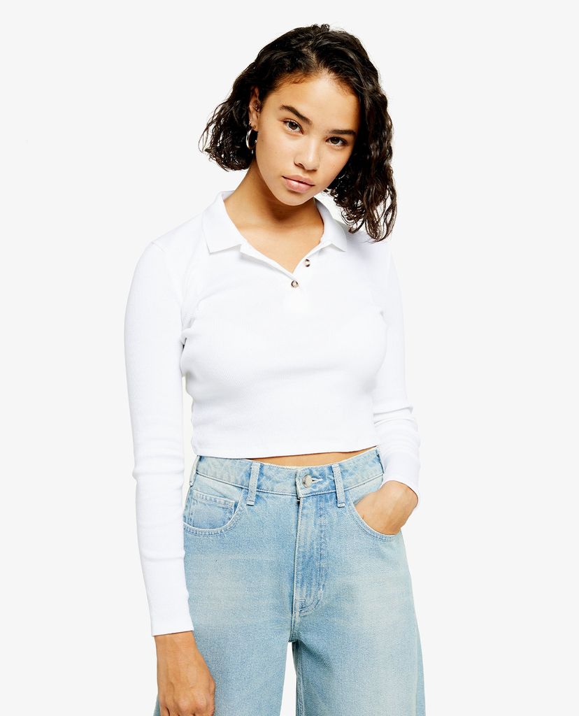 TOPSHOP - Áo polo nữ tay dài cổ bẻ PETITE White Button Front