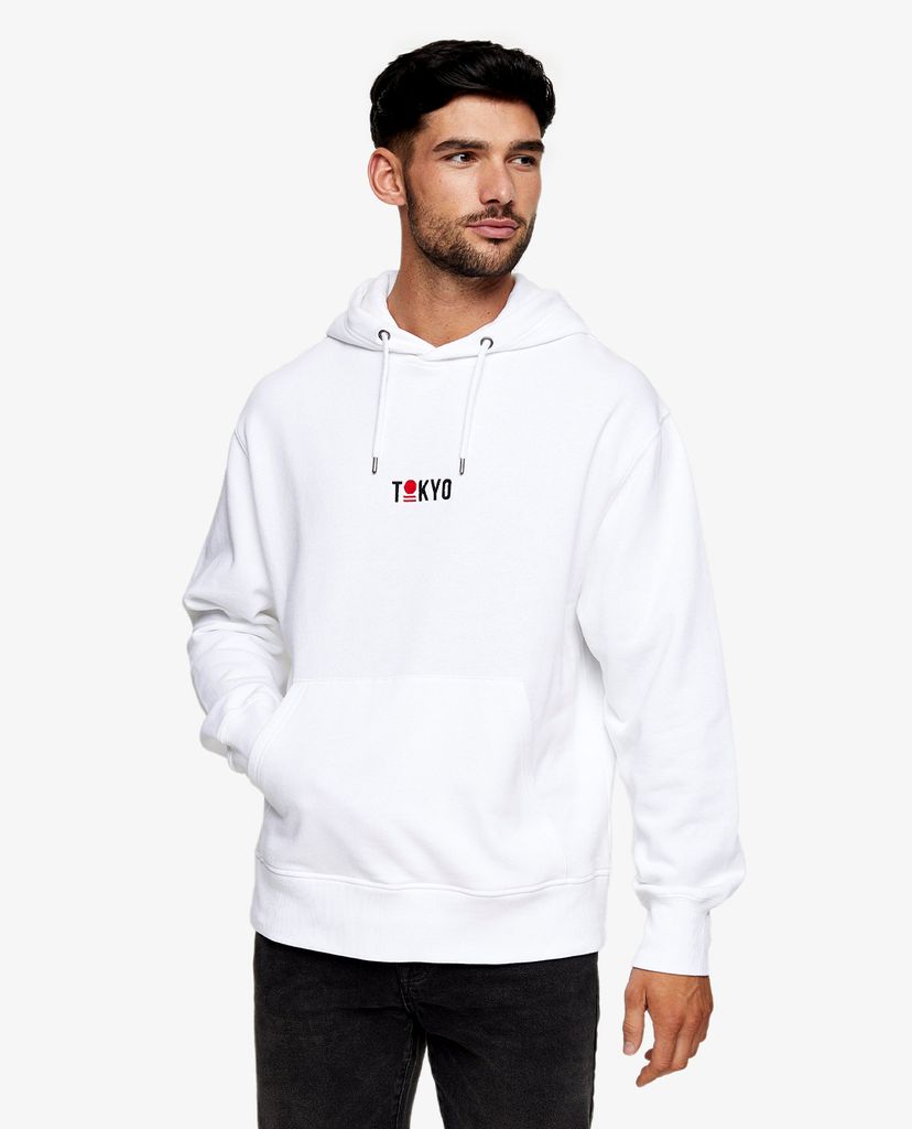 TOPMAN - Áo hoodie nam phối mũ Tokyo Print Hoodie In White