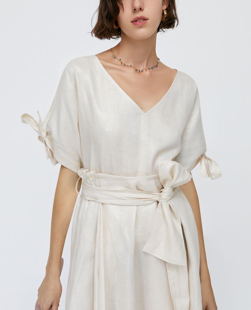 MAX&Co. - Áo kiểu nữ cổ V tay ngắn Metallic Linen