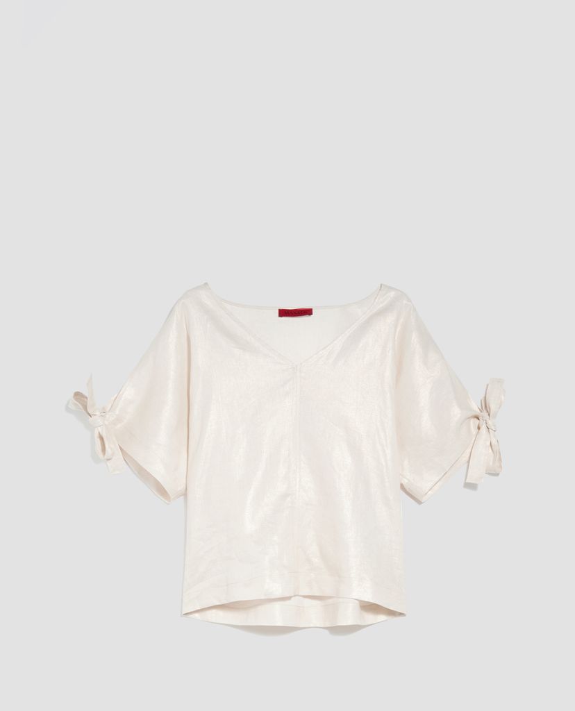 MAX&Co. - Áo kiểu nữ cổ V tay ngắn Metallic Linen