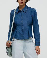 MAX&Co. - Áo sơ mi nữ denim tay dài cổ gập nhún eo thời trang