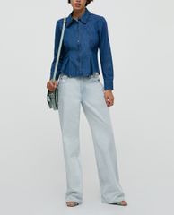 MAX&Co. - Áo sơ mi nữ denim tay dài cổ gập nhún eo thời trang