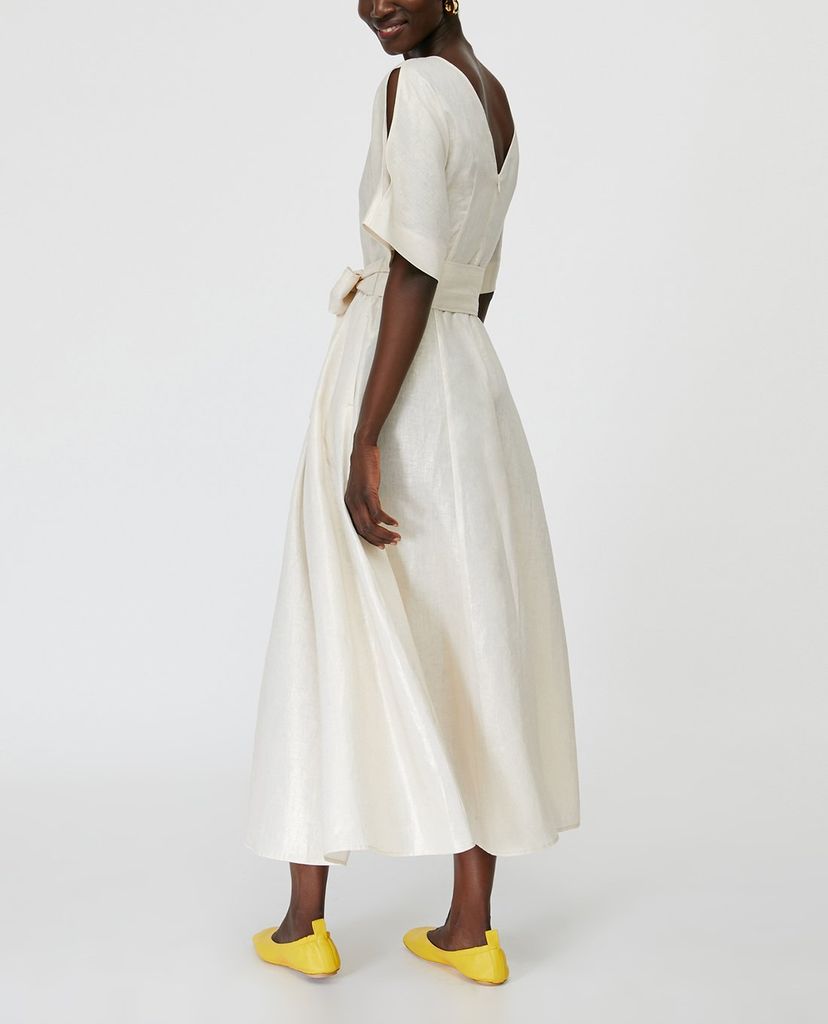 MAX&Co. - Đầm midi cổ tròn phối thắt lưng Metallic Linen