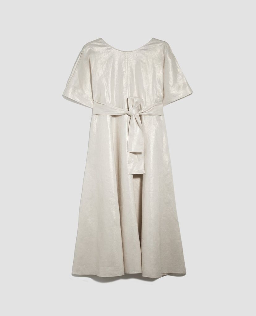 MAX&Co. - Đầm midi cổ tròn phối thắt lưng Metallic Linen