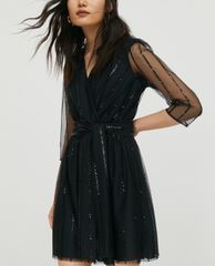 MAX&Co. - Đầm mini cổ V tay lỡ xuyên thấu Tulle Sequin Stripes
