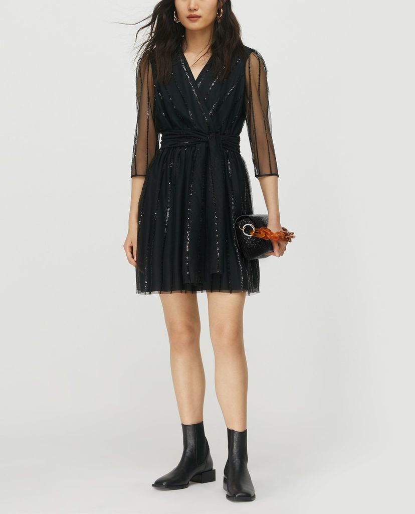 MAX&Co. - Đầm mini cổ V tay lỡ xuyên thấu Tulle Sequin Stripes