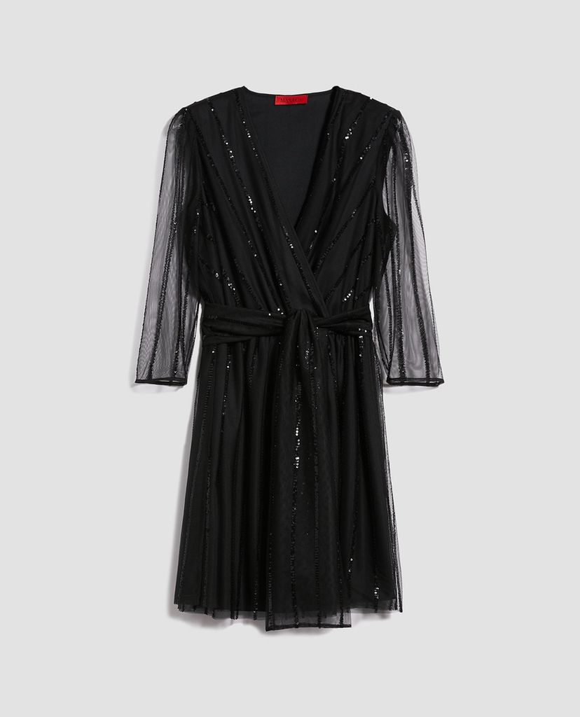MAX&Co. - Đầm mini cổ V tay lỡ xuyên thấu Tulle Sequin Stripes