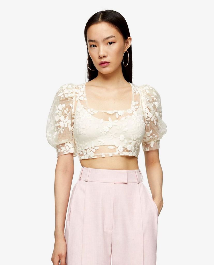 TOPSHOP - Áo kiểu nữ croptop cổ tròn tay ngắn Cream Embroidered Mesh Floral