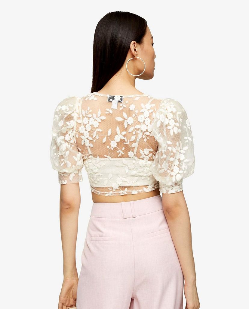 TOPSHOP - Áo kiểu nữ croptop cổ tròn tay ngắn Cream Embroidered Mesh Floral