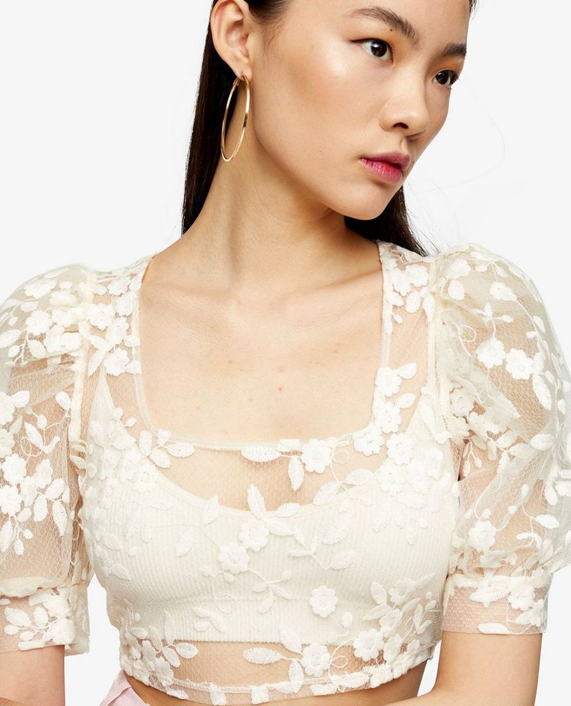 TOPSHOP - Áo kiểu nữ croptop cổ tròn tay ngắn Cream Embroidered Mesh Floral