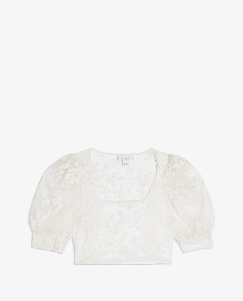 TOPSHOP - Áo kiểu nữ croptop cổ tròn tay ngắn Cream Embroidered Mesh Floral