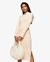 TOPSHOP - Đầm midi cổ trụ tay dài phom ôm Cream Jersey Ribbed