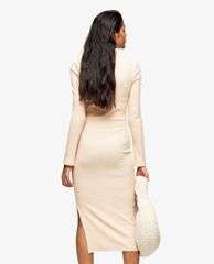 TOPSHOP - Đầm midi cổ trụ tay dài phom ôm Cream Jersey Ribbed