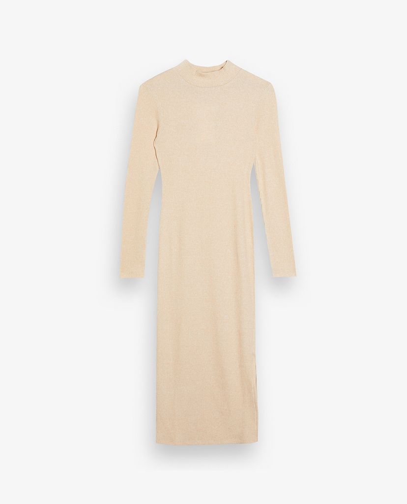 TOPSHOP - Đầm midi cổ trụ tay dài phom ôm Cream Jersey Ribbed