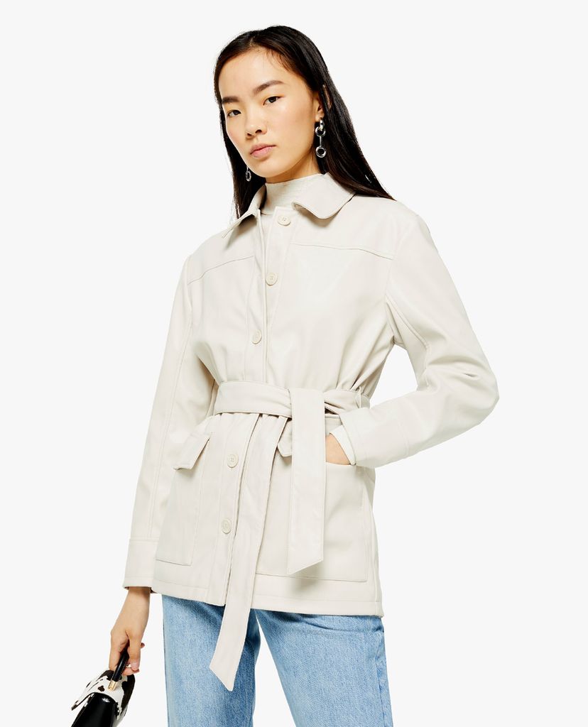 TOPSHOP - Áo khoác nữ cổ bẻ tay dài phối thắt lưng Ecru Faux Leather Tie Shacket