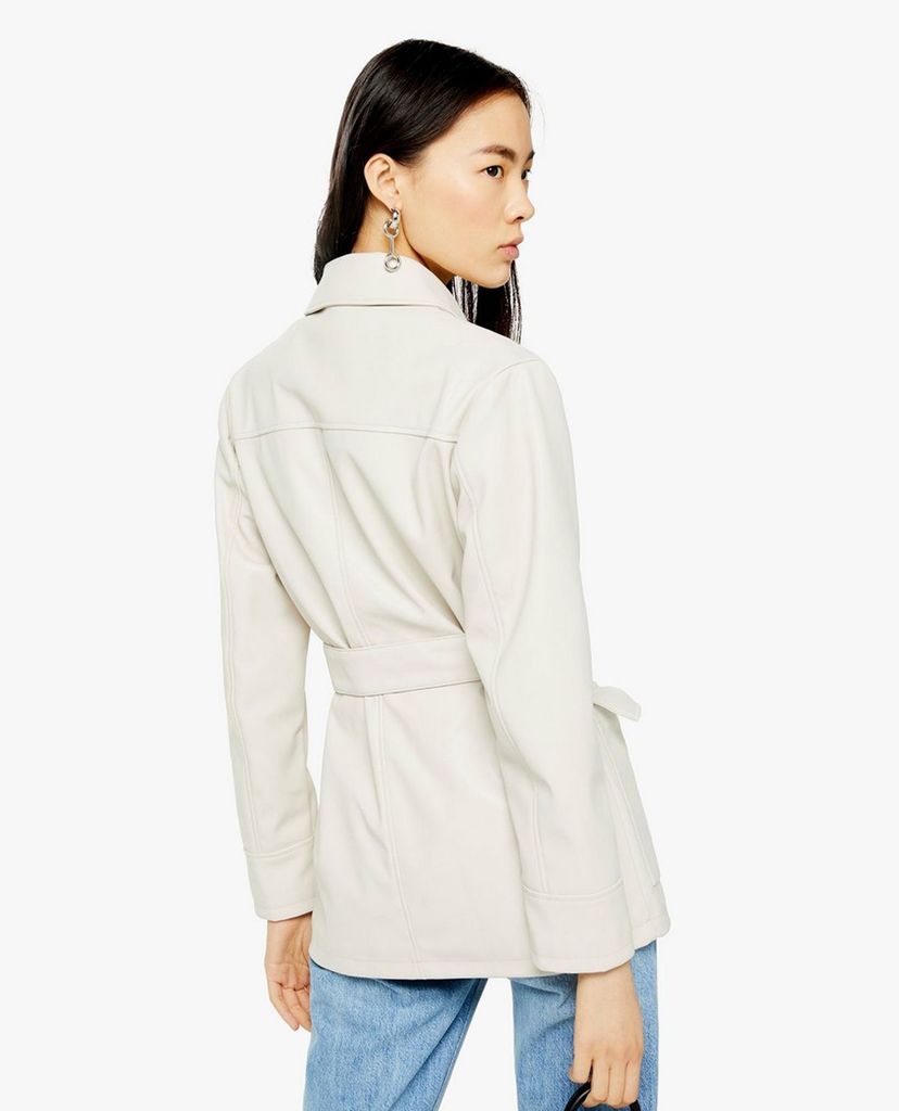 TOPSHOP - Áo khoác nữ cổ bẻ tay dài phối thắt lưng Ecru Faux Leather Tie Shacket