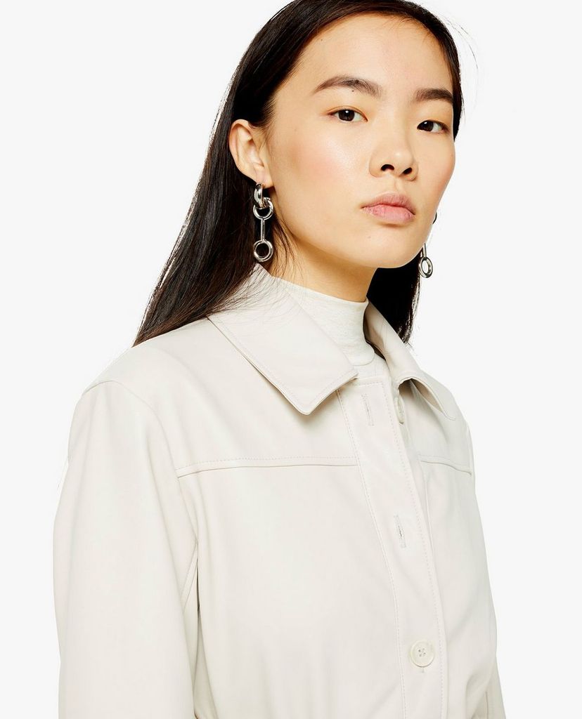 TOPSHOP - Áo khoác nữ cổ bẻ tay dài phối thắt lưng Ecru Faux Leather Tie Shacket