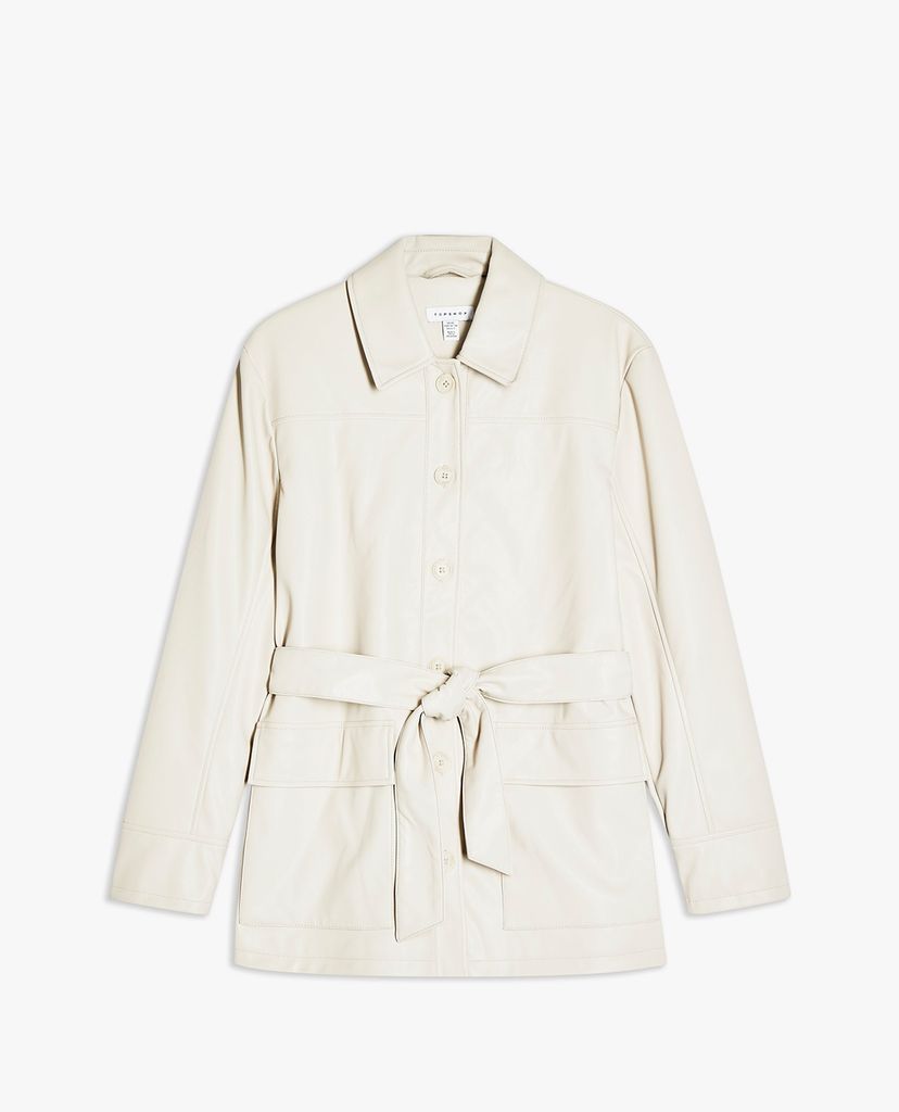 TOPSHOP - Áo khoác nữ cổ bẻ tay dài phối thắt lưng Ecru Faux Leather Tie Shacket