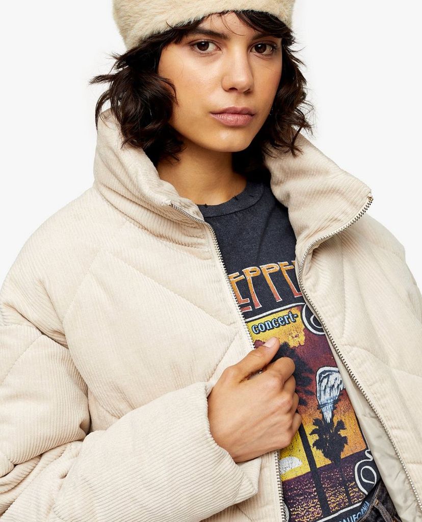 TOPSHOP - Áo khoác phao nữ cổ bẻ Ecru Corduroy Puffer