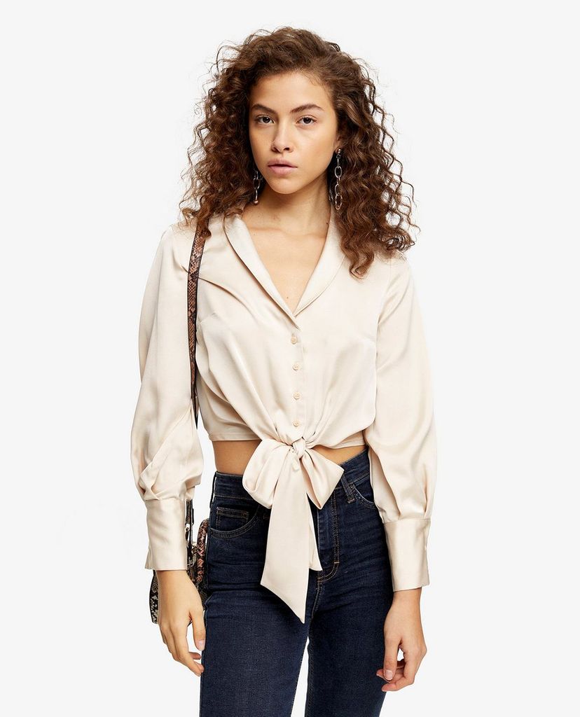 TOPSHOP - Áo kiểu nữ cổ bẻ tay dài PETITE Satin Knot Front