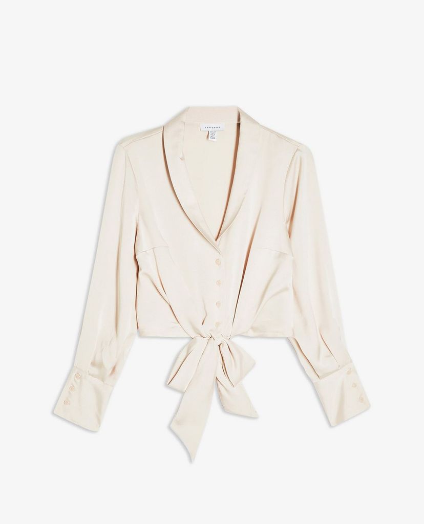 TOPSHOP - Áo kiểu nữ cổ bẻ tay dài PETITE Satin Knot Front