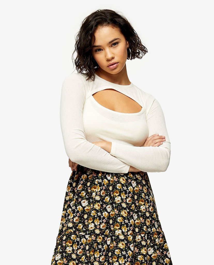 TOPSHOP - Áo croptop nữ cổ tròn tay dài PETITE Cream Cut Out