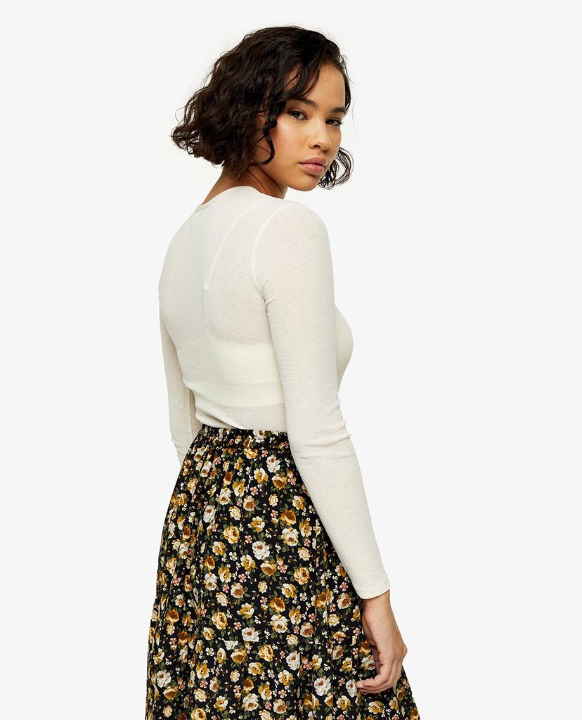TOPSHOP - Áo croptop nữ cổ tròn tay dài PETITE Cream Cut Out