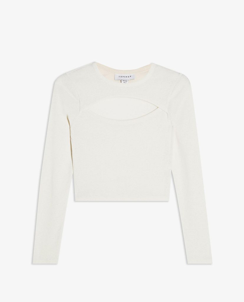 TOPSHOP - Áo croptop nữ cổ tròn tay dài PETITE Cream Cut Out