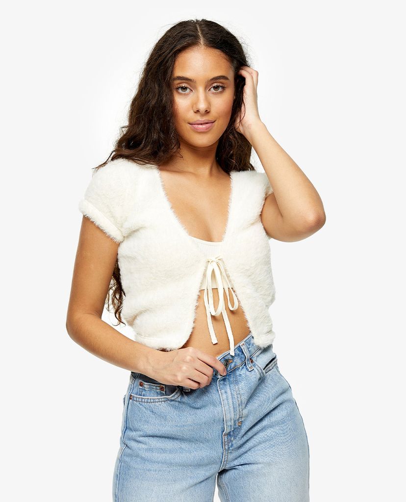 TOPSHOP - Áo cardigan nữ tay ngắn phối dây PETITE Buttermilk Fluffy