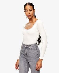 TOPSHOP - Áo thun tay dài cổ tròn phối ren White Long Sleeve Lace