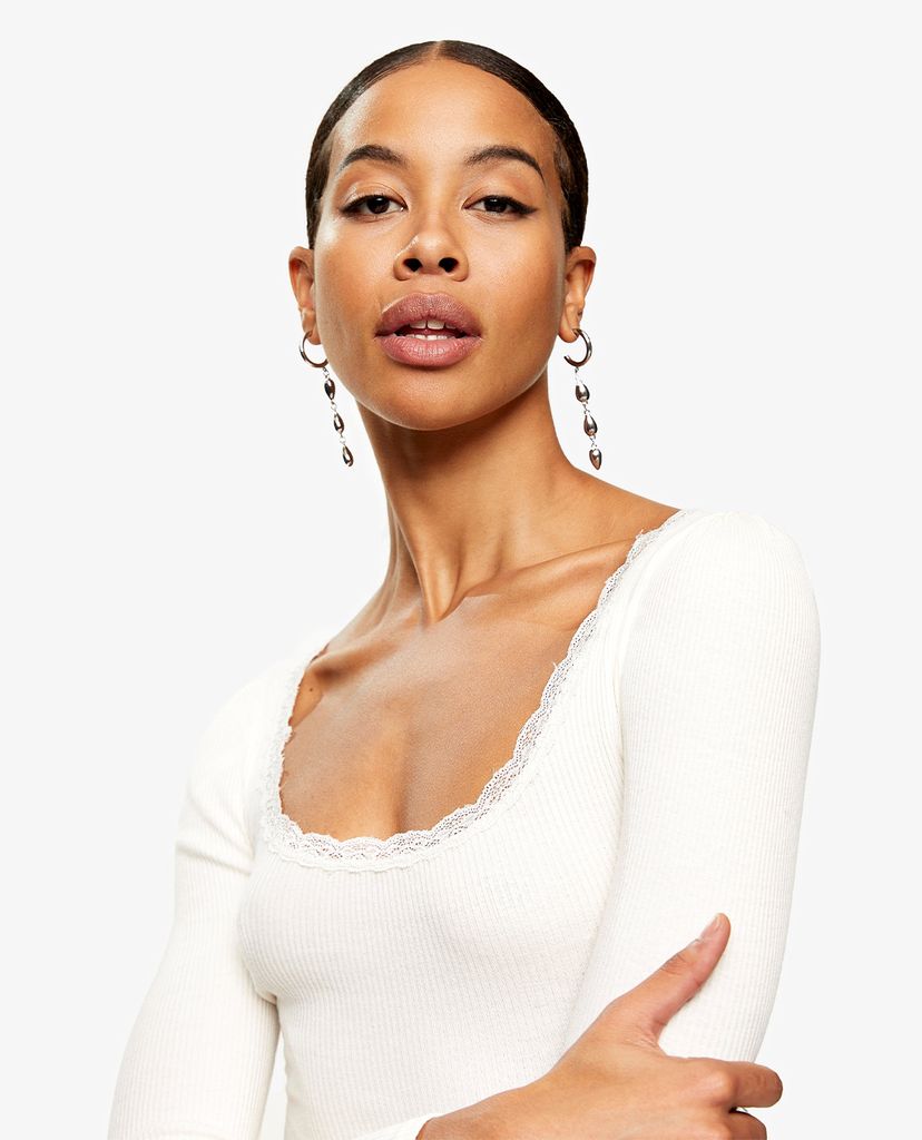 TOPSHOP - Áo thun tay dài cổ tròn phối ren White Long Sleeve Lace