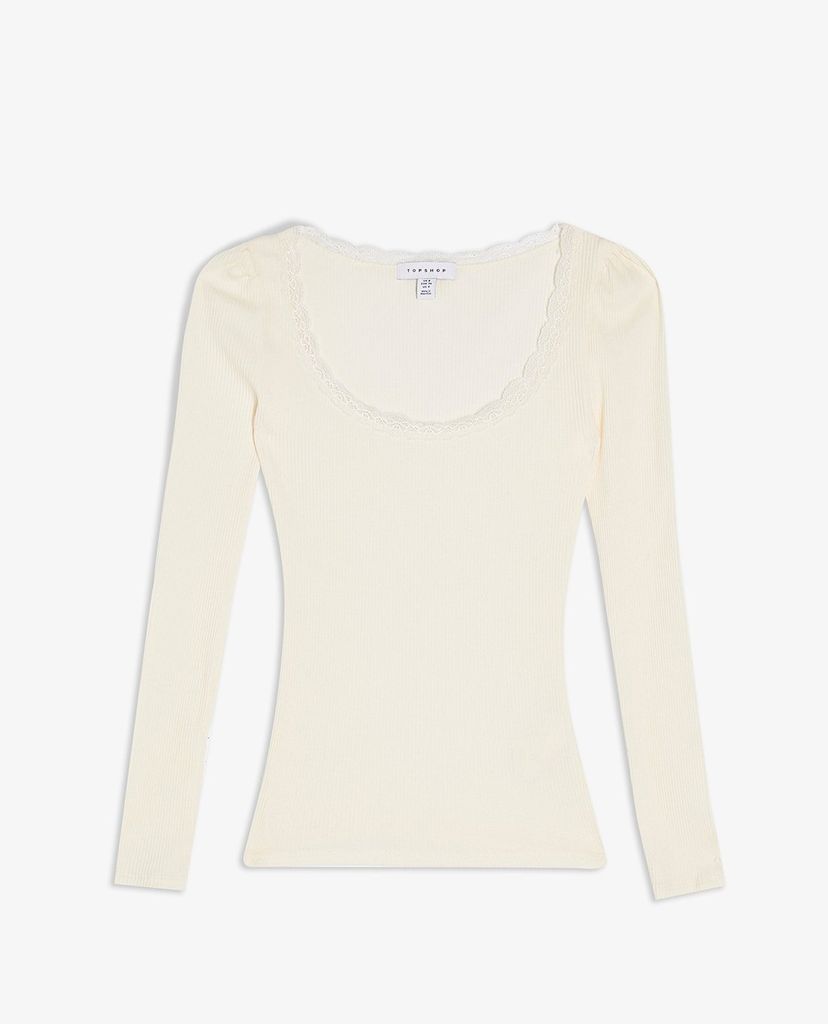 TOPSHOP - Áo thun tay dài cổ tròn phối ren White Long Sleeve Lace