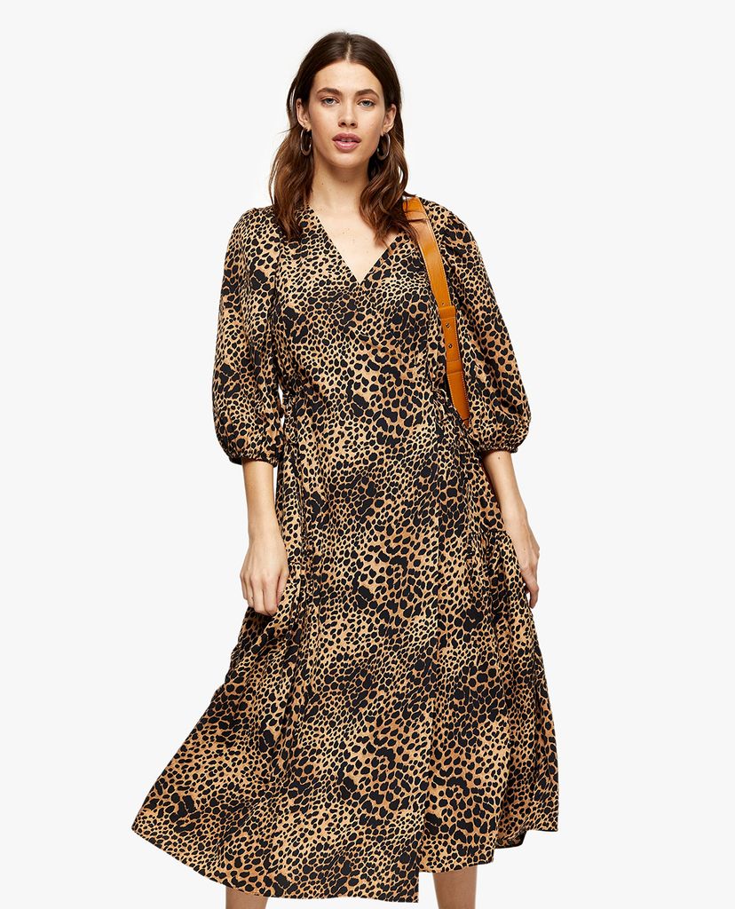 TOPSHOP - Đầm midi cổ V tay lỡ Natural Animal Print Kimono Wrap