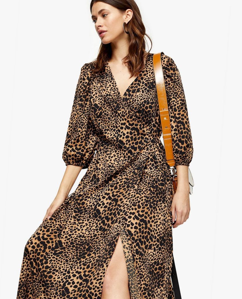 TOPSHOP - Đầm midi cổ V tay lỡ Natural Animal Print Kimono Wrap