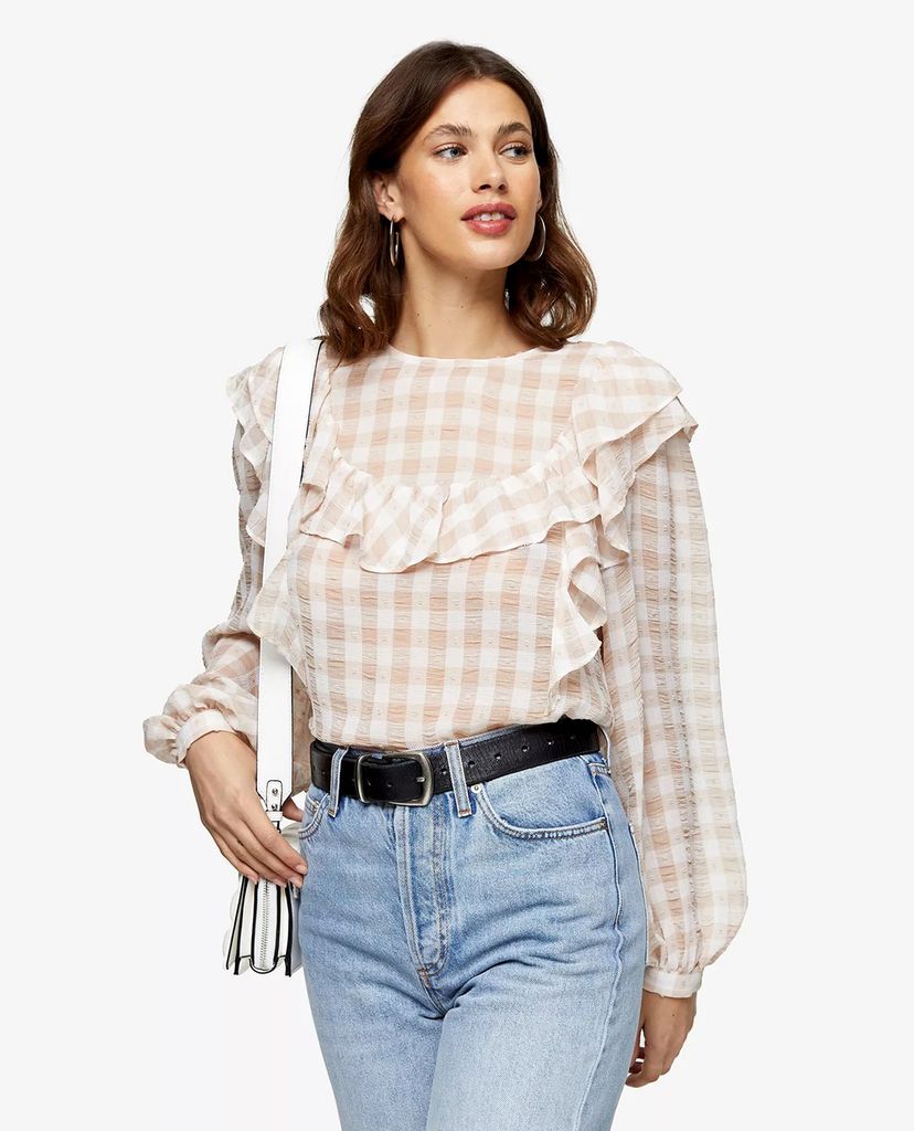 TOPSHOP - Áo kiểu nữ cổ tròn tay dài Beige Gingham Check Yoke Dobby