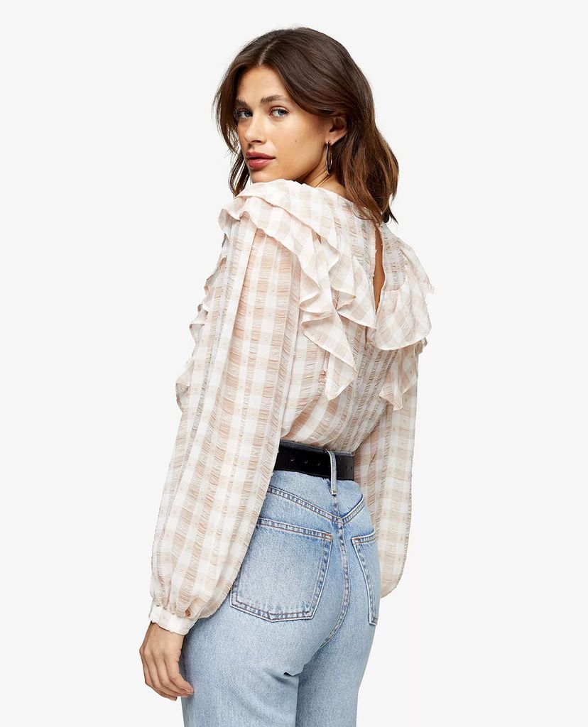 TOPSHOP - Áo kiểu nữ cổ tròn tay dài Beige Gingham Check Yoke Dobby