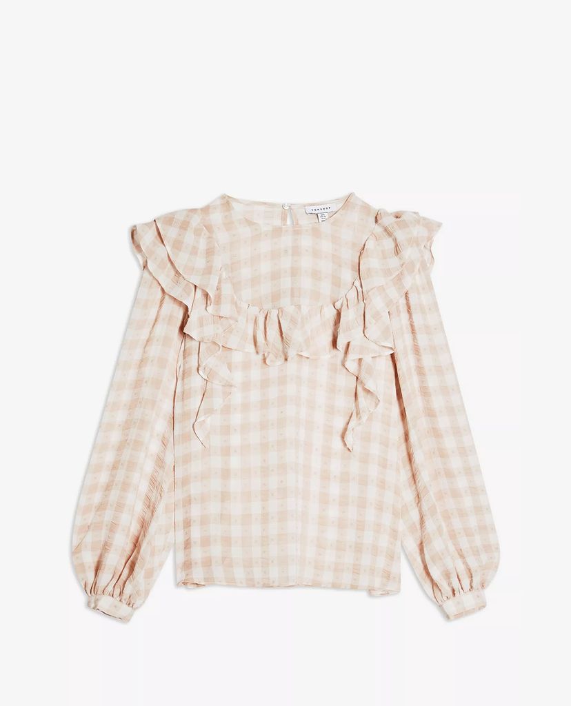 TOPSHOP - Áo kiểu nữ cổ tròn tay dài Beige Gingham Check Yoke Dobby