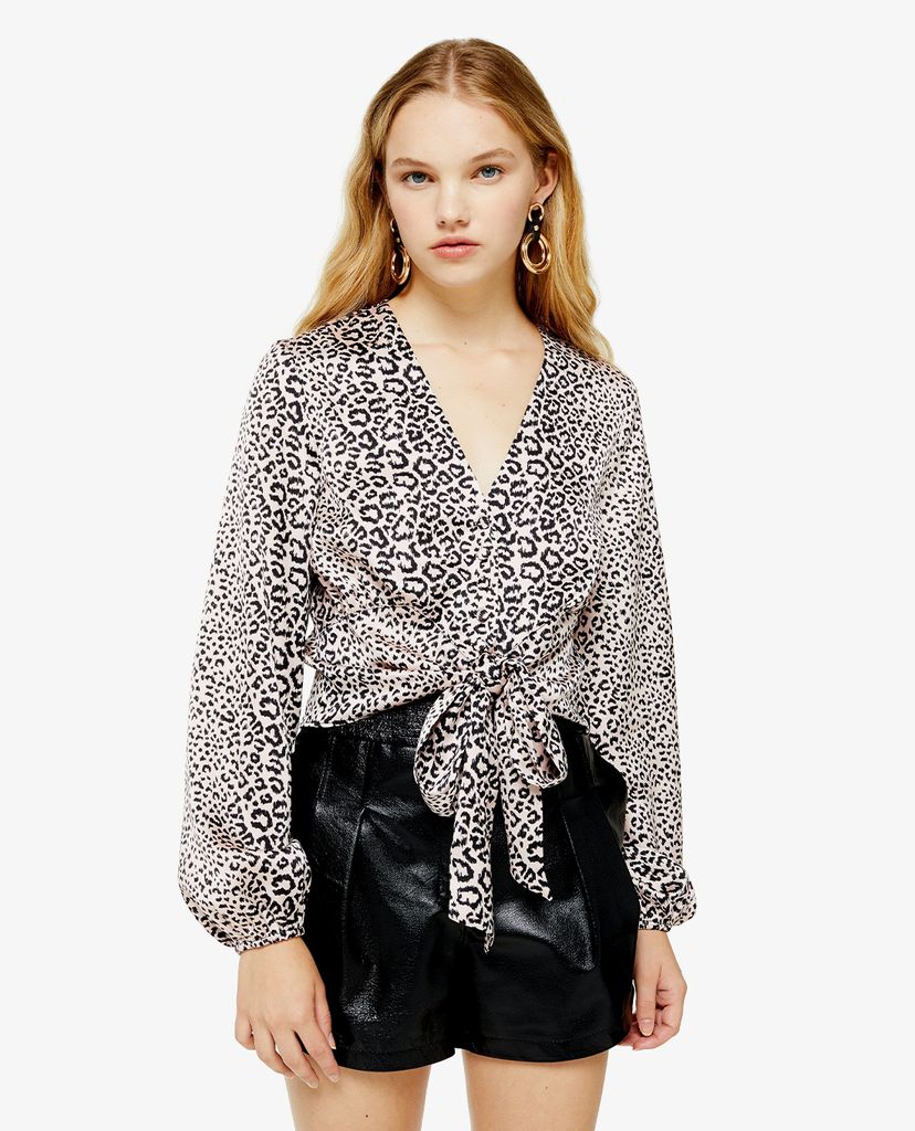 TOPSHOP - Áo kiểu nữ cổ V tay dài Animal Print Tie Front