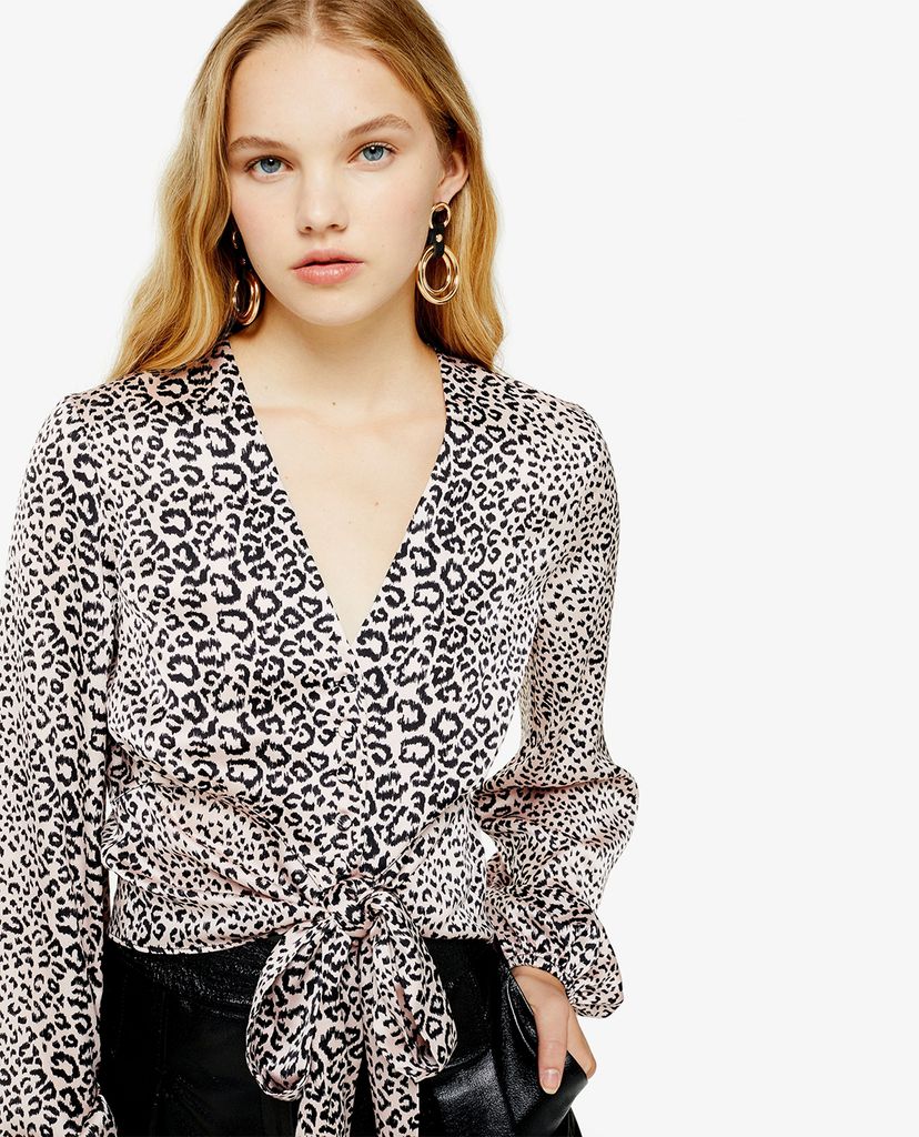 TOPSHOP - Áo kiểu nữ cổ V tay dài Animal Print Tie Front