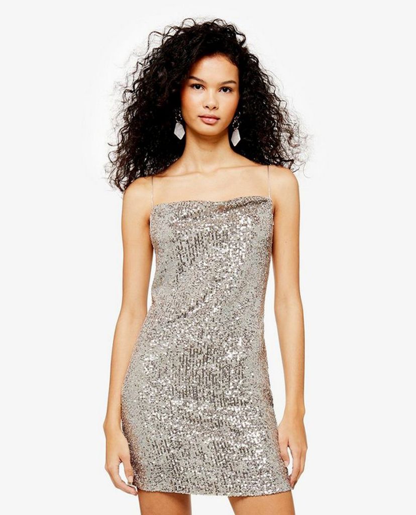 TOPSHOP - Đầm mini hai dây Silver Sequin Cowl