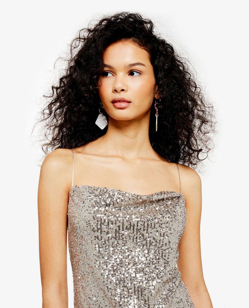 TOPSHOP - Đầm mini hai dây Silver Sequin Cowl